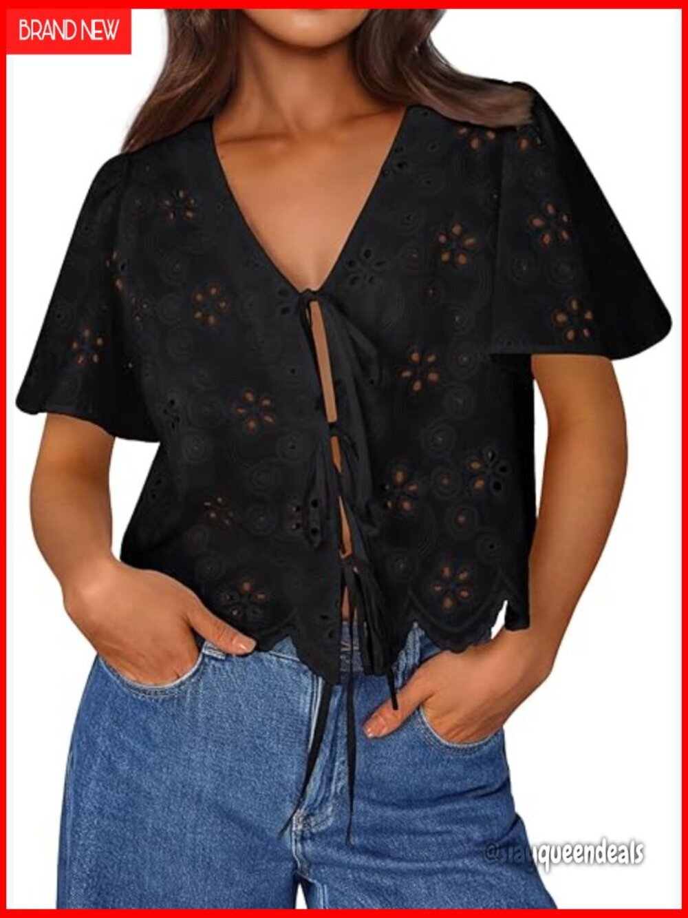 Cotton Eyelet Tie Front Blouse, Short Sleeve Boho Top for Summer Beach
